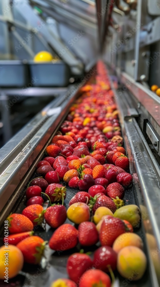 Poster a conveyor belt is filled with strawberries and oranges. the conveyor belt is moving and the fruit i