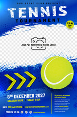 Tennis tournament poster template with ball, arrows and place for your photo