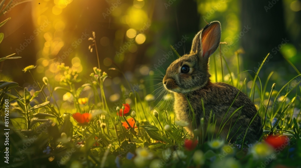 Aufkleber a rabbit is sitting in a field of flowers. the rabbit is looking at the camera. the scene is peacefu