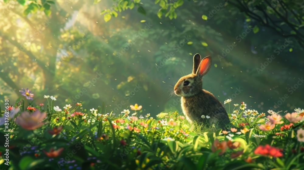 Aufkleber a rabbit is sitting in a field of flowers. the scene is bright and cheerful, with the sun shining do