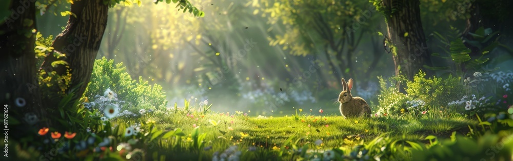 Poster A rabbit is standing in a lush green field with trees in the background. The scene is peaceful and serene, with the rabbit being the focal point of the image