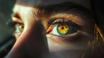 A woman's eyes are bright green and yellow