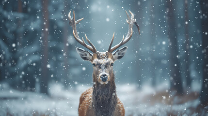 A deer standing in the middle of a forest with snow falling on it's antlers and trees in the background. Created By Generative Ai
