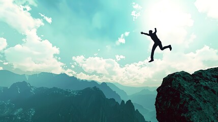 Silhouette of Enthusiastic man jumping between two cliffs in success and freedom concept