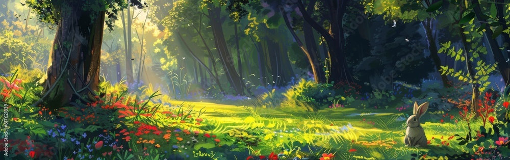 Poster A rabbit is sitting in a grassy field with trees in the background. The scene is peaceful and serene, with the rabbit looking out into the distance