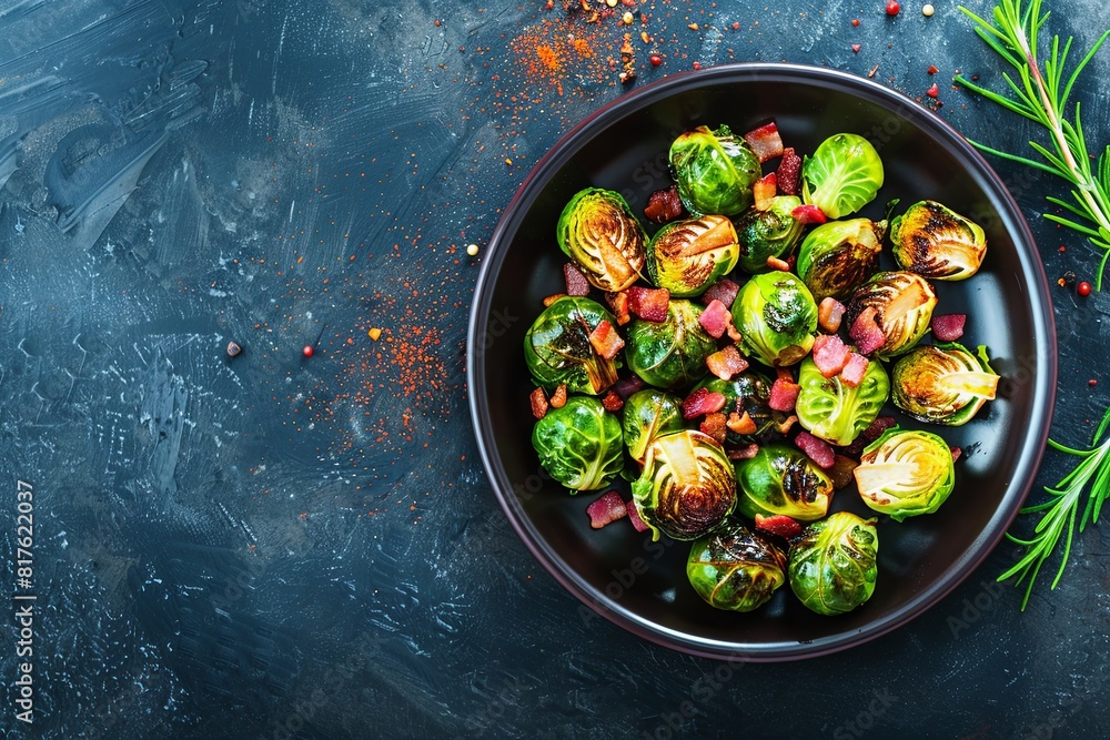 Sticker Banner Space for Text: Brussels Sprouts with Bacon: Roasted Brussels sprouts with crispy bacon and a balsamic glaze