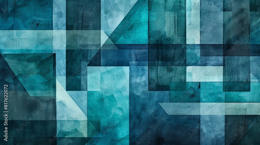 Poster a blue and white abstract painting with a lot of different shapes and lines