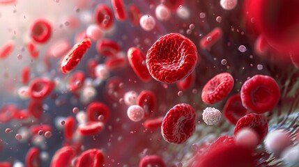 A close up of red blood cells with white spots