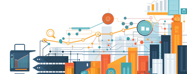 Obraz premium Supply chain analytics flat design side view data visualization cartoon drawing Tetradic color scheme