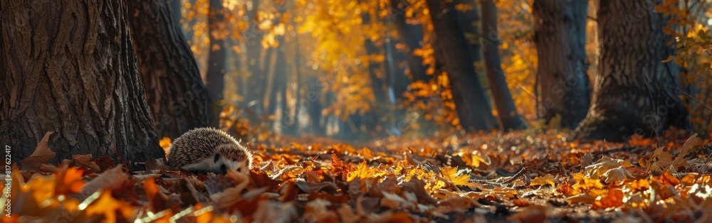 Poster a hedgehog is sitting on the ground in a forest with leaves on the ground. the leaves are orange and