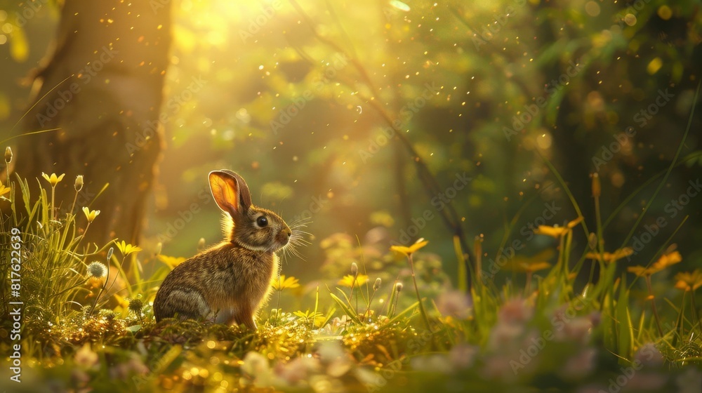 Aufkleber a rabbit is sitting in a field of flowers. the scene is peaceful and serene, with the rabbit being t