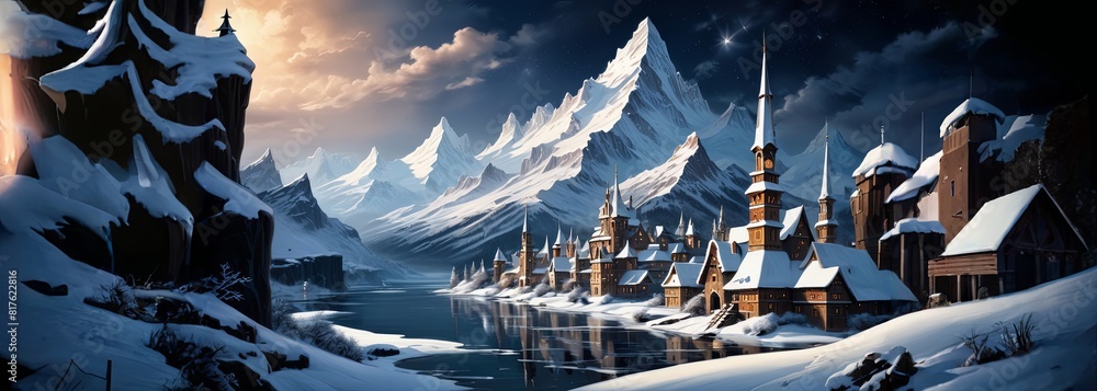 Poster a snowy landscape with a river and mountains in the background