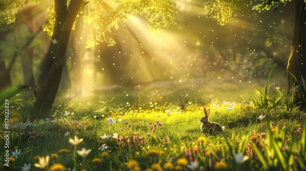Poster a rabbit is sitting in a field of flowers and grass. the sun is shining brightly, casting a warm glo