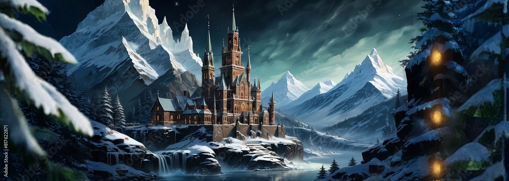 Poster a castle is shown in a snowy landscape with mountains in the background