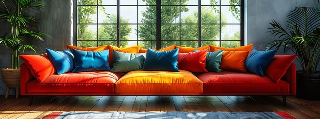 Modern red sofa with vibrant colorful pillows in a stylish interior