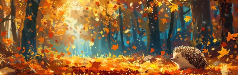A hedgehog is walking through a forest of autumn leaves. The leaves are falling from the trees and the sky is blue