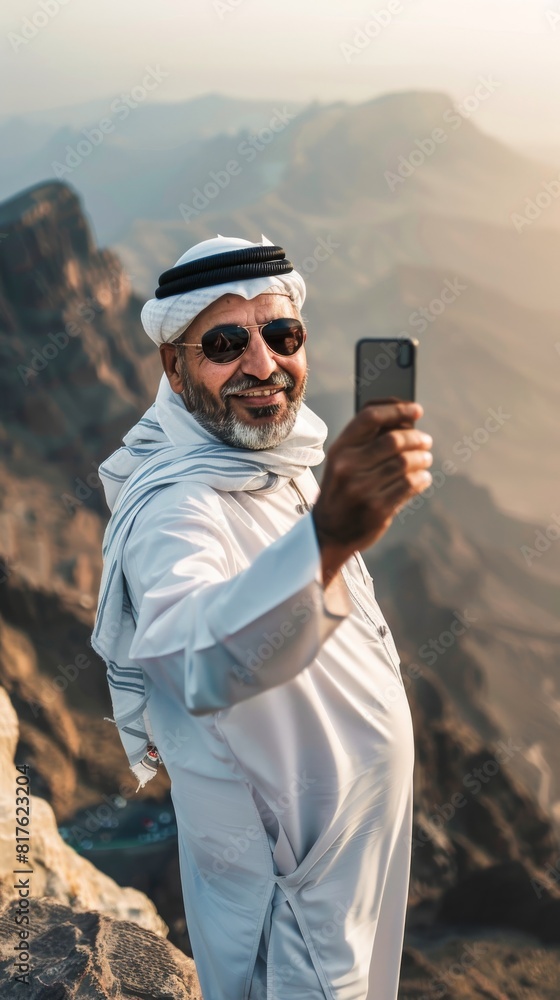 Poster a man in a white robe is taking a selfie with his cell phone. he is smiling and wearing sunglasses. 