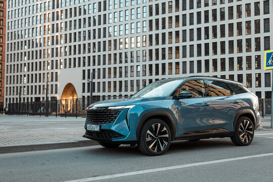 moscow, russia - april,  2024: New china suv Geely atlas parked in city. Exterior and interior of car 
