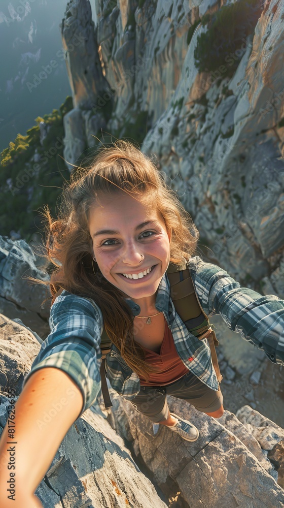 Poster A woman is smiling and taking a selfie from the top of a mountain. The photo captures the excitement and joy of being in such a beautiful and adventurous location