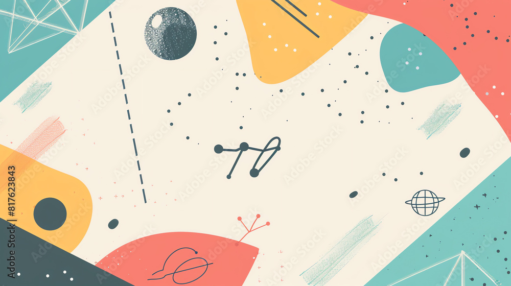Poster abstract geometric design with colorful shapes and celestial elements on a light background