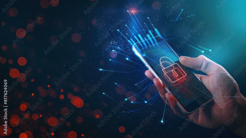 Poster smart phone with padlock hologram ,cyber security concept. security data