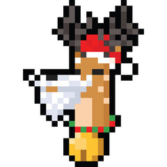 Pixel art cartoon reindeer head with santa mustance and red hat