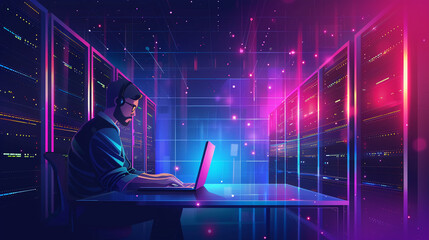 Computer engineer working on laptop computer with server room data center