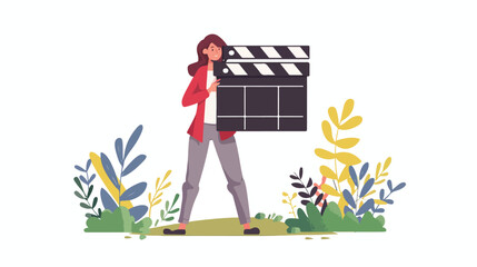 Person with movie clapperboard in hands. Woman with c
