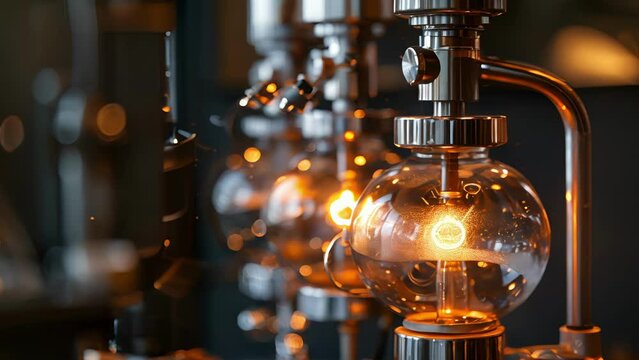 A closeup of a siphon coffee maker with two glass chambers joined by a tube creating a unique and visually captivating brewing process.