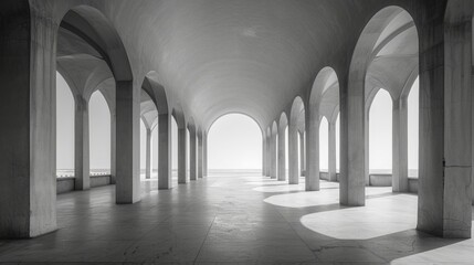 A black and white photograph capturing the symmetry of architectural lines.