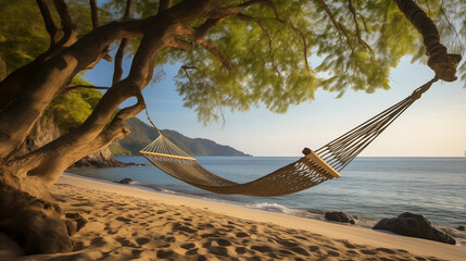 Relaxing hammock on tropical beach with white sand and blue ocean.