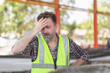 Serious caucasian man, a Senior engineer man at construction site