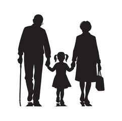Silhouette  of grandparents walking with 
granddaughter Illustration icon vector