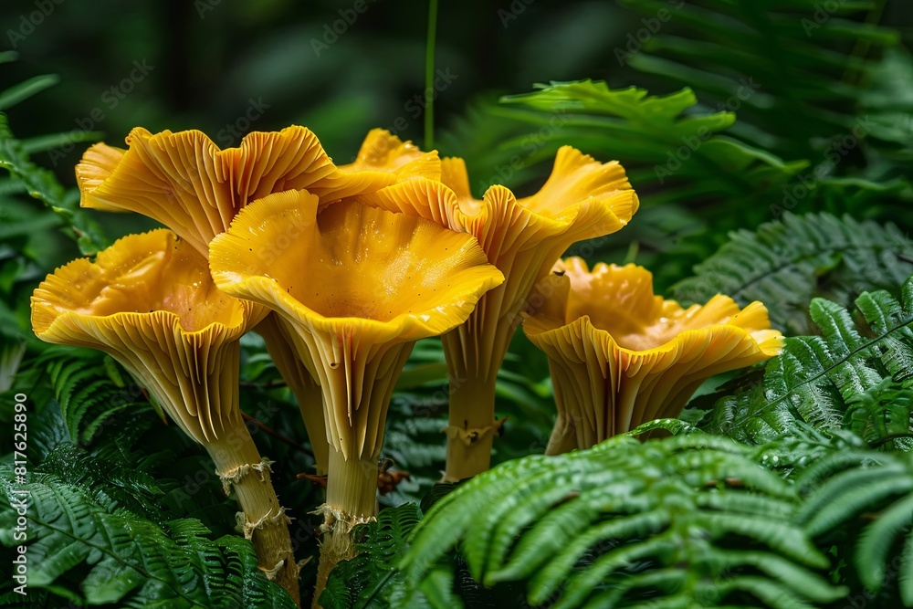 Poster Chanterelle Funnel: Focus on the distinctive yellow trumpet shape and ruffled edges of Chanterelle mushrooms nestled amongst ferns