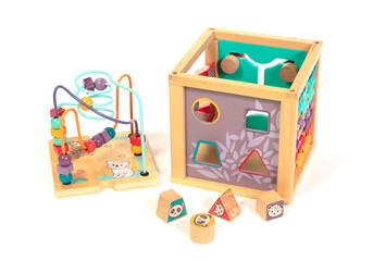 Wooden eco-friendly busy board cube - educational toy for children and babies on a white background