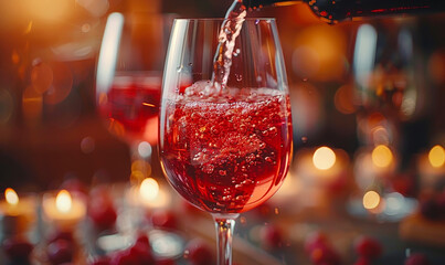 Elegant Red Wine Pouring into Glass in Candlelit Setting, Perfect for Romantic Evenings and Celebratory Dinners