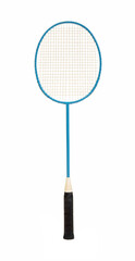 Old badminton racket on a white background.