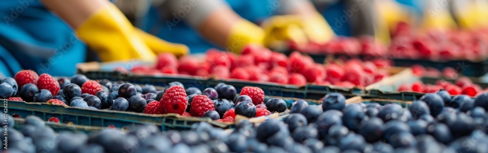 Poster a bunch of blue and red berries are displayed in a crate. the crate is placed on a table