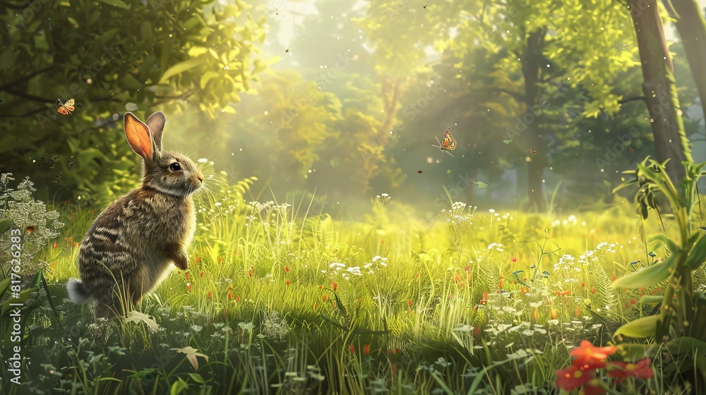 Poster a rabbit is standing in a field of flowers and grass. the scene is bright and sunny, with a few butt