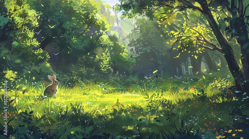 Aufkleber A rabbit is sitting in a grassy field with trees in the background. The scene is peaceful and serene, with the rabbit being the only living creature in the image
