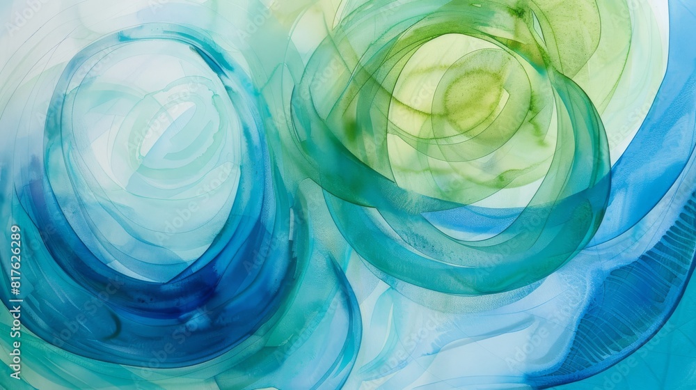Poster the painting is a beautiful blue and green swirl of circles. the colors are vibrant and the shapes a