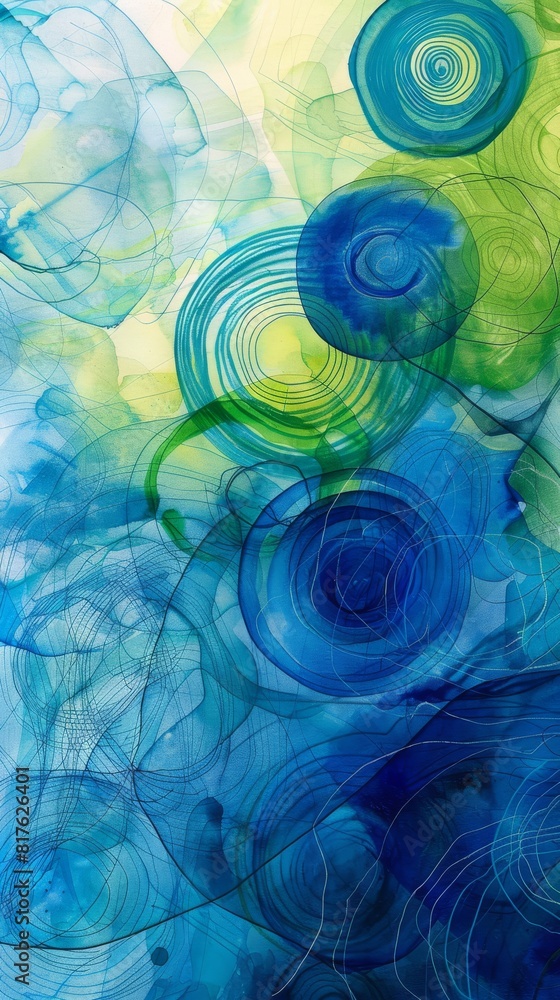 Poster the painting is a mix of blue and green colors with a lot of circles. the circles are of different s