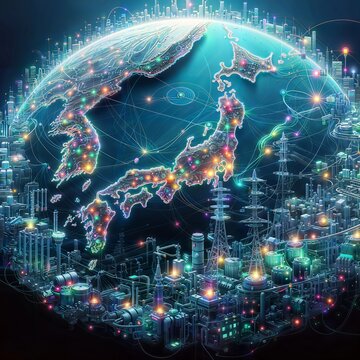 A futuristic data visualization map of Japan displaying an intricate network of nodes, connections, and energy flows across the country, illustrating power generation, transmission.
