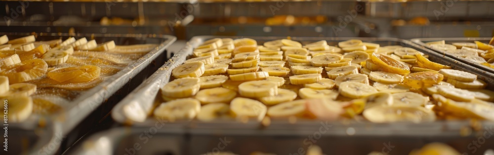 Poster A bunch of bananas are on a tray. The bananas are sliced and arranged in a pattern. The tray is silver and has a shiny appearance