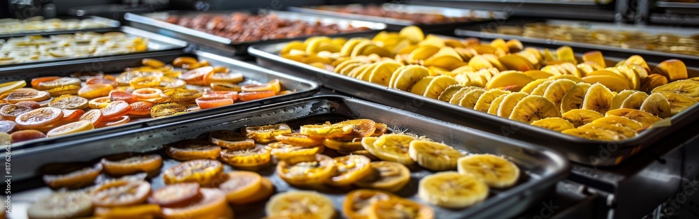 Poster a bunch of bananas and oranges are on a tray. the bananas are sliced and the oranges are cut into we