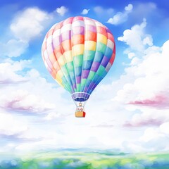 Fototapeta premium A watercolor illustration of a hot air balloon floating in a cloudy sky