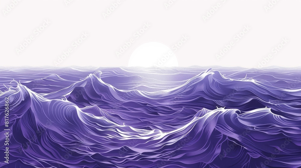 Poster The image is a computer generated ocean scene with purple waves and a sun in the background. Scene is calm and serene, with the sun setting in the distance