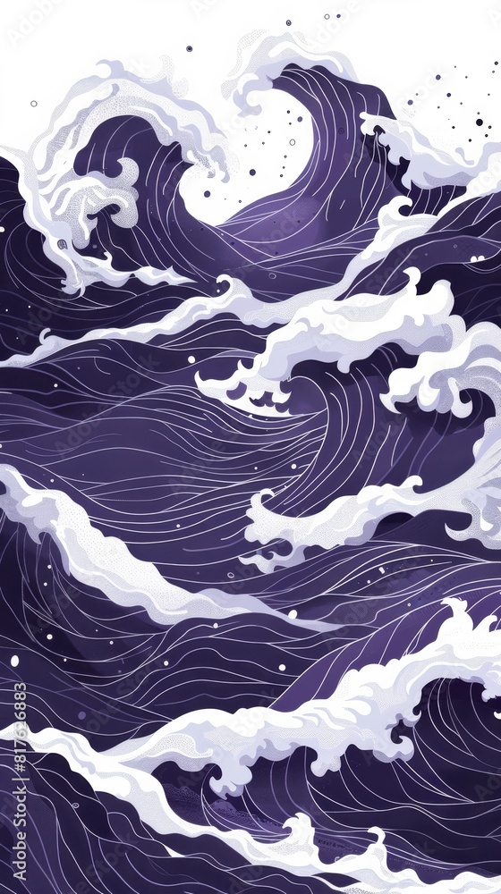 Poster a wave with a purple background. the waves are very large and the background is white. the mood of t