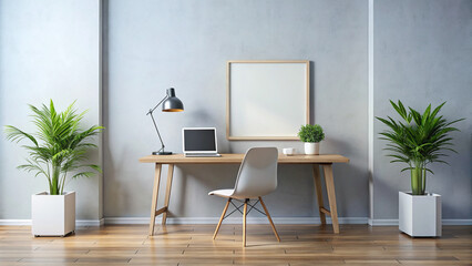 Minimalist office setup with a blank frame and stylish, clean decor