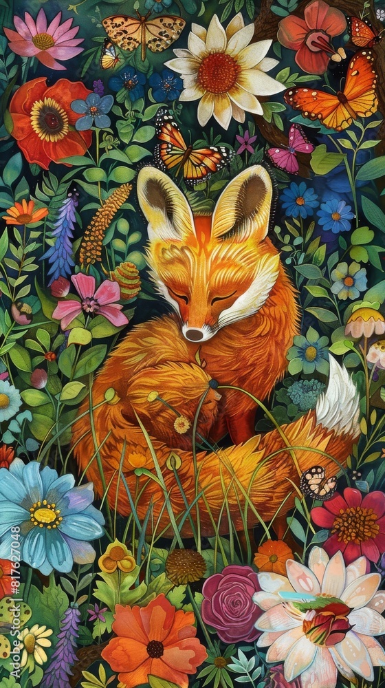 Poster a fox is sleeping in a field of flowers. the flowers are of various colors and sizes, and there are 